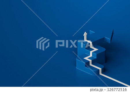 Vibrant blue staircase with upward pointing white arrow, inviting ascent and progress against blue background, 3d rendering 126772516