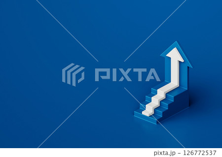 White arrow pointing up with step stair on blue background,business way concept, 3d rendering White arrow pointing up with step stair on blue background,business way concept, 3d rendering 126772537