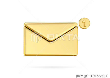 Golden Email Notification: A shiny gold envelope icon with a glowing "1" notification, symbolizing an important message. Perfect for marketing, communication, 3d rendering 126772604