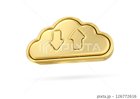 Golden Cloud Data Flow, A 3D rendering of a gleaming gold cloud with upload and download arrows, symbolizing seamless data transfer and cloud computing Golden Cloud Data Flow, A 3D rendering of a gleaming gold cloud with upload and download arrows, symbolizing seamless data transfer and cloud computing 126772616