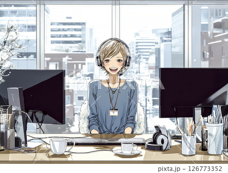 ヘッドセットをつけて仕事をする若い女性のイラスト素材 ヘッドセットをつけて仕事をする若い女性のイラスト素材 126773352