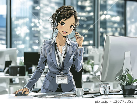 ヘッドセットをつけて仕事をする若い女性のイラスト素材 126773353