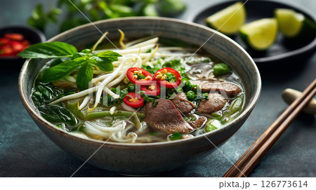 Delicious Vietnamese pho with fresh ingredients Delicious Vietnamese pho with fresh ingredients 126773614