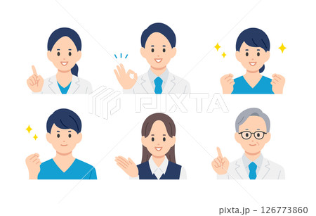 ポジティブな医者･看護師･医療事務の男女上半身セット【人物ベクターイラスト素材】 126773860