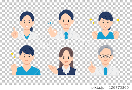 積極的醫生、護士和醫療辦公室工作人員男性和女性上半身套裝[人物向量插圖素材] 126773860