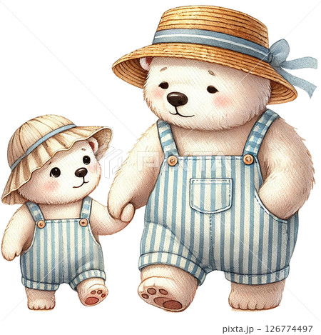 A charming illustration of a parent bear and cub in summer outfits. 126774497