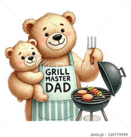 A cheerful bear dad grilling with his adorable baby bear. 126774499