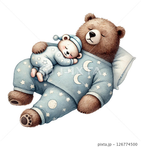 A cozy bear and cub snuggled together in peaceful slumber. 126774500