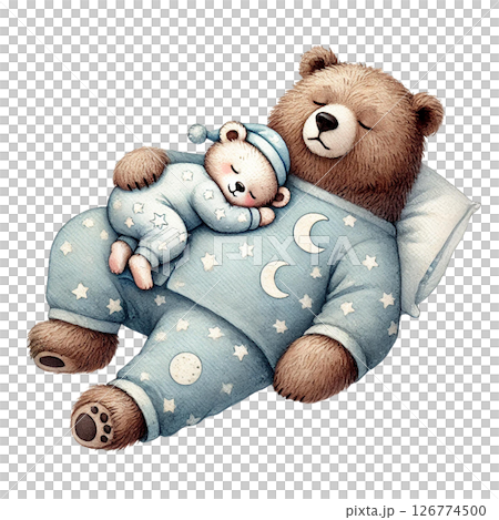 A cozy bear and cub snuggled together in peaceful slumber. 126774500