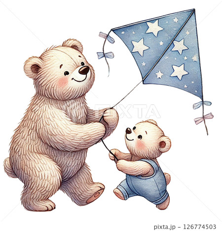 A cute bear and cub flying a star-patterned kite together. 126774503