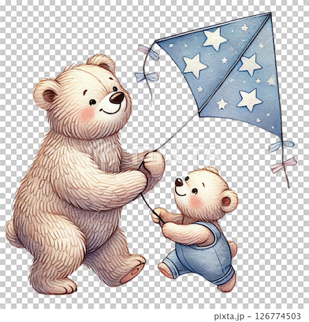 A cute bear and cub flying a star-patterned kite together. 126774503