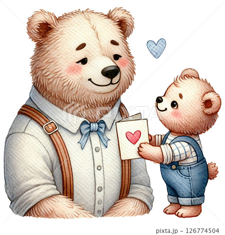 A cute bear and cub sharing a heartfelt moment with a card. 126774504
