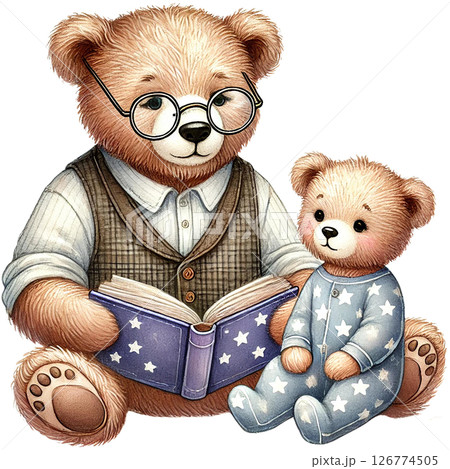 A cute bear reading a book to a baby bear on a cozy day. 126774505