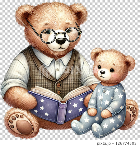A cute bear reading a book to a baby bear on a cozy day. 126774505