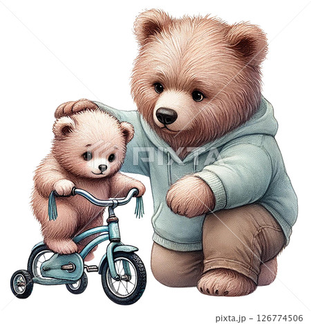 A cute bear teaching a cub to ride a bike. 126774506