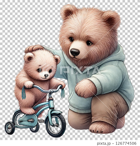 A cute bear teaching a cub to ride a bike. 126774506