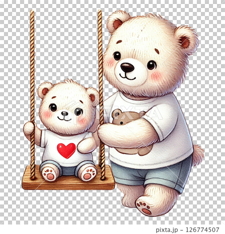A cute illustration of a bear dad and his baby bear on a swing. 126774507