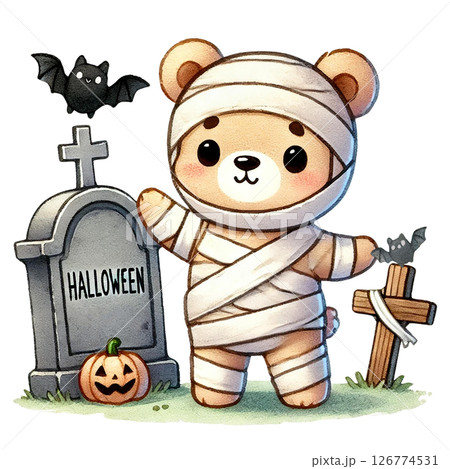 A cute, mummified bear celebrating Halloween at a graveyard. A cute, mummified bear celebrating Halloween at a graveyard. 126774531