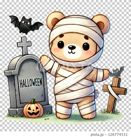A cute, mummified bear celebrating Halloween at a graveyard. A cute, mummified bear celebrating Halloween at a graveyard. 126774531