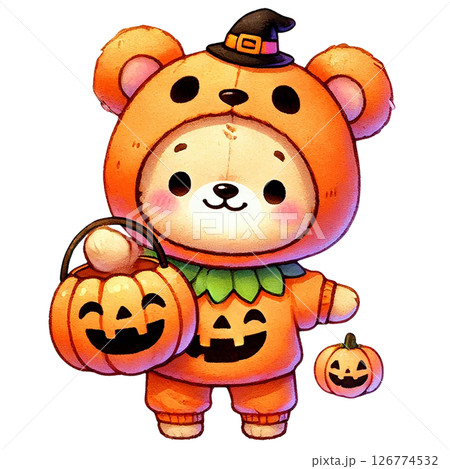 A cute bear character in a pumpkin costume for Halloween. 126774532