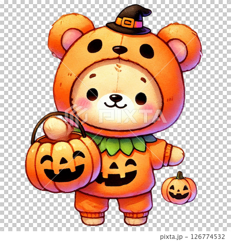 A cute bear character in a pumpkin costume for Halloween. 126774532