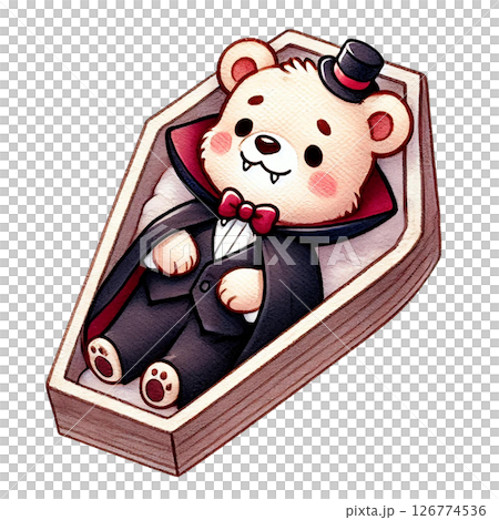 A cute cartoon bear in a coffin with a top hat and cape. A cute cartoon bear in a coffin with a top hat and cape. 126774536