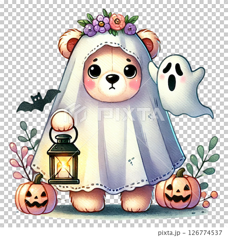 A cute Halloween bear wearing a ghost costume holding a lantern. A cute Halloween bear wearing a ghost costume holding a lantern. 126774537