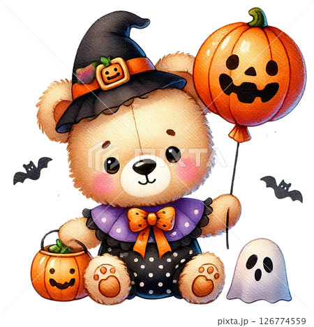 Cute bear in Halloween costume with decorations and balloons. 126774559
