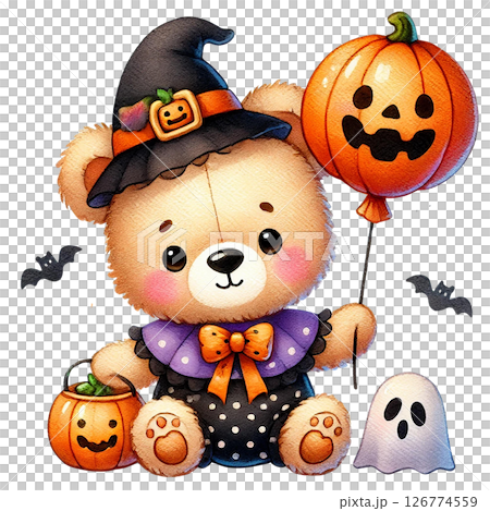 Cute bear in Halloween costume with decorations and balloons. 126774559