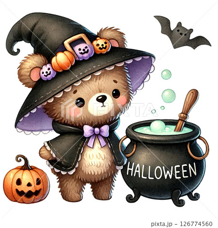 Cute bear in Halloween costume with spooky decorations. 126774560