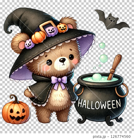 Cute bear in Halloween costume with spooky decorations. 126774560