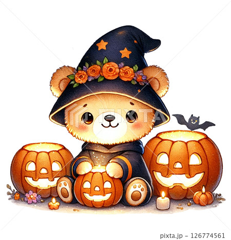 Cute bear in wizard hat with Halloween pumpkins and flowers. 126774561
