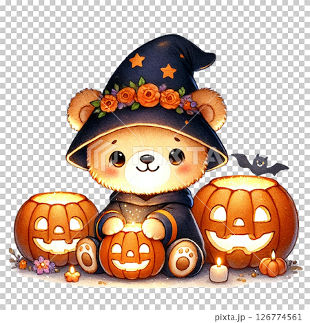 Cute bear in wizard hat with Halloween pumpkins and flowers. 126774561