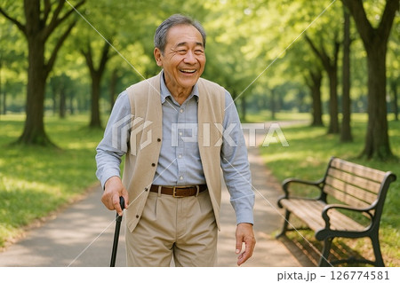 緑豊かな公園を散歩するシニア男性の健康ライフ写真 126774581