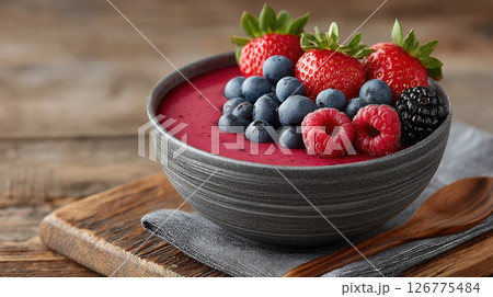 Smoothie bowl with strawberry, blueberry, raspberry, blackberry wooden table, healthy breakfast 126775484