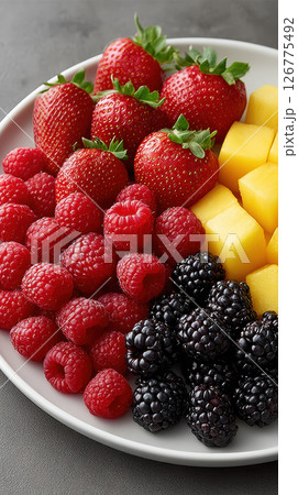 Fresh strawberries, raspberries, blackberries, and mango cubes white plate, vibrant and inviting 126775492