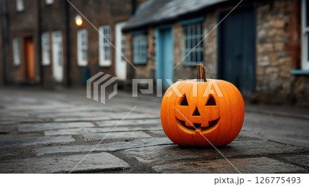 Halloween pumpkin, carved jack o lantern, autumn, street, festive, spooky mood 126775493