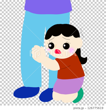 親の足にしがみついて怖がる子ども 126775619