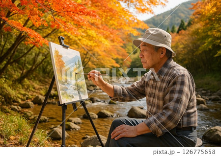 紅葉の渓流で風景を描くシニア男性アート写真 126775658