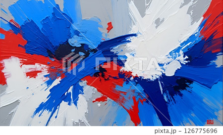 鮮やかな青、赤、白のダイナミックな筆使いの抽象画 鮮やかな青、赤、白のダイナミックな筆使いの抽象画 126775696