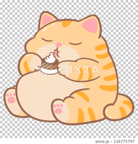 Cartoon of a fat orange cat sitting and eating. 126775797