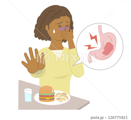 胃がムカムカして口を手で抑え食事を食べることができない黒人女性 胃がムカムカして口を手で抑え食事を食べることができない黒人女性 126775921