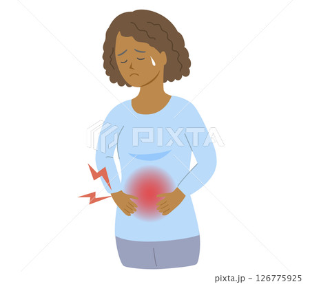 お腹が痛く苦しそうに大腸を抑える黒人女性の上半身イラスト お腹が痛く苦しそうに大腸を抑える黒人女性の上半身イラスト 126775925