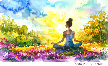 自然の中で瞑想する女性の水彩画イラスト背景 126776000