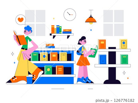 Bookstore Vector Illustration Featuring a School Library Room for Studying, Reading, Education, Self Development, and Literature in a Flat Background Bookstore Vector Illustration Featuring a School Library Room for Studying, Reading, Education, Self Development, and Literature in a Flat Background 126776182