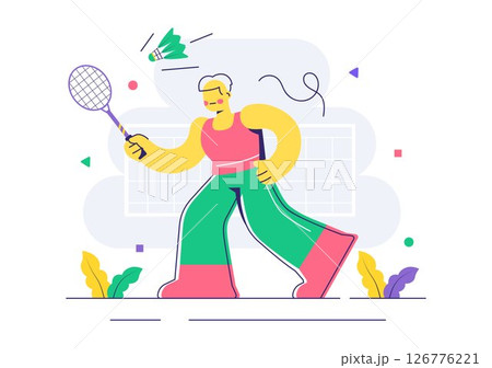 Vector Illustration of a Badminton Player Featuring a Shuttlecock and Racket on the Court, Competing in the Sport as a Leisure Activity Background 126776221