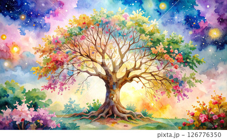 神秘的な木の水彩画イラスト背景のイラスト素材 [126776350] - PIXTA