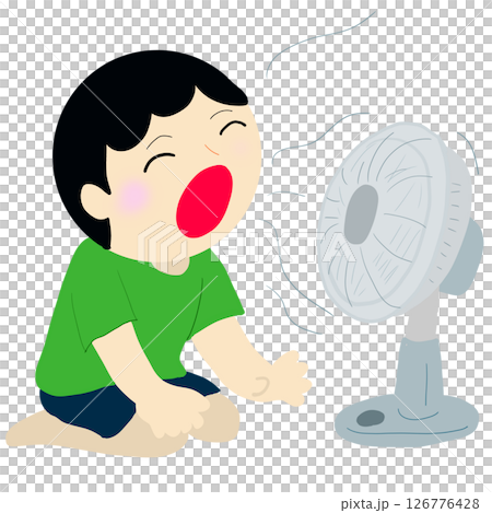 A child making an "Ahhhh" sound in front of a fan 126776428