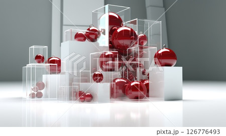 Modern Christmas Decoration with Red Ornaments Inside Transparent Glass Boxes on a Minimalist White Background 126776493