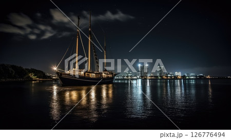 Illuminated Sailboat Anchored on Calm Water at Night with a City Skyline in the Background 126776494